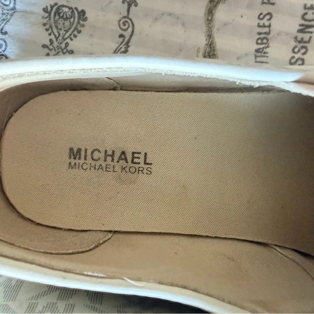 Michael Kors MK Monogram Slip On Sneakers Cream Logo Print Skate Shoes Womens 3